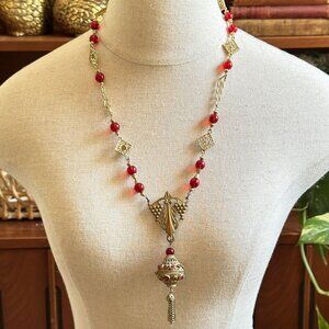 Vintage Red Glass Bead Necklace, Filigree Drop Pendant